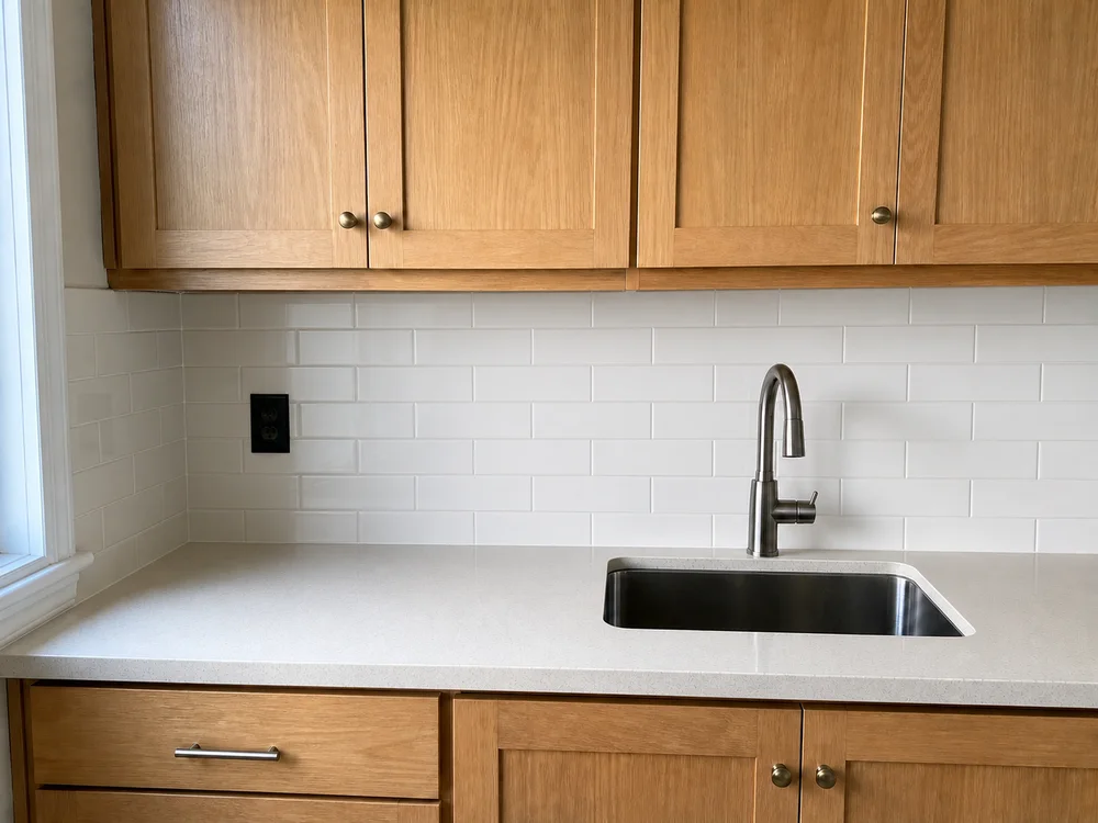 Same example kitchen after installation of white subway tiles and fresh grout