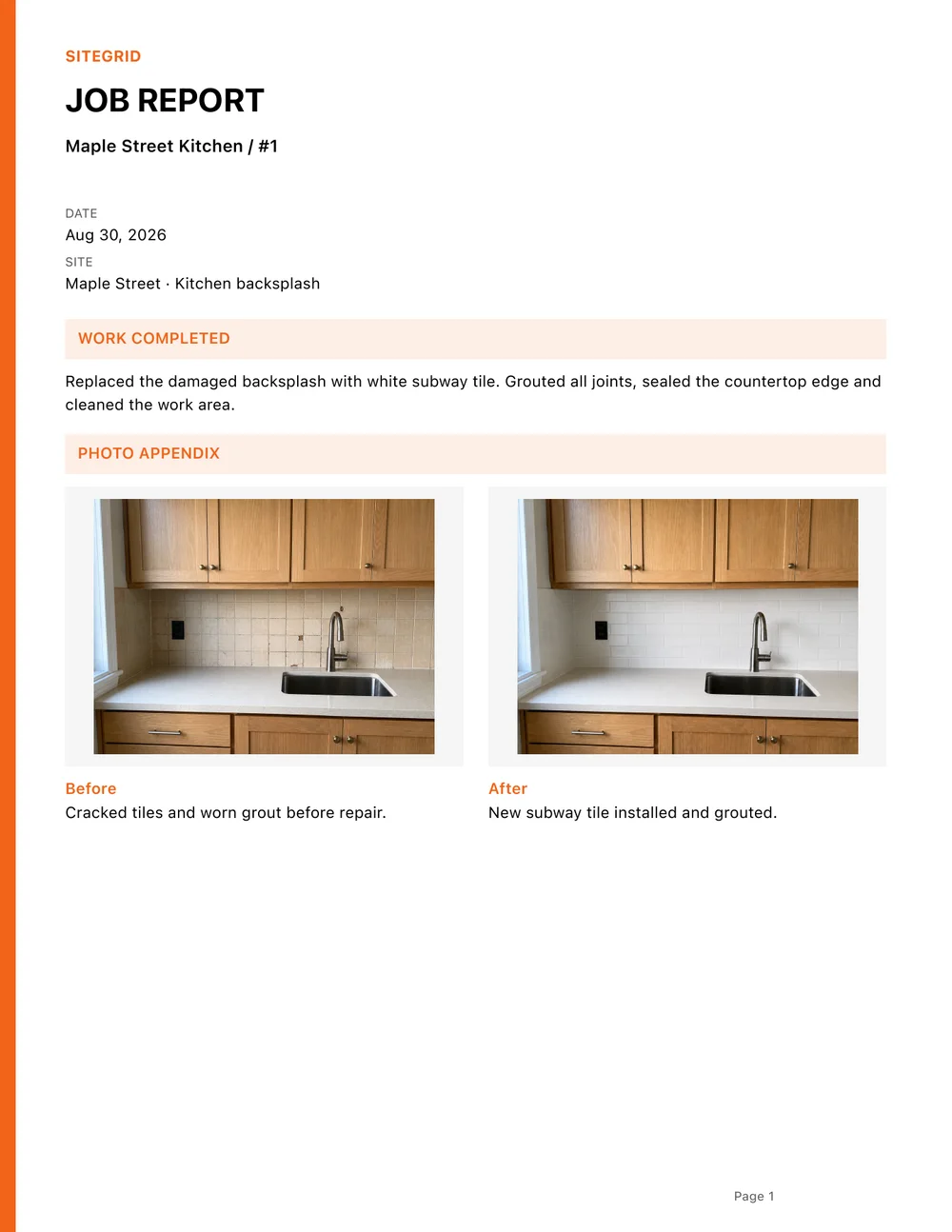 First page of a SiteGrid PDF job report showing the completed work and labeled before and after photos